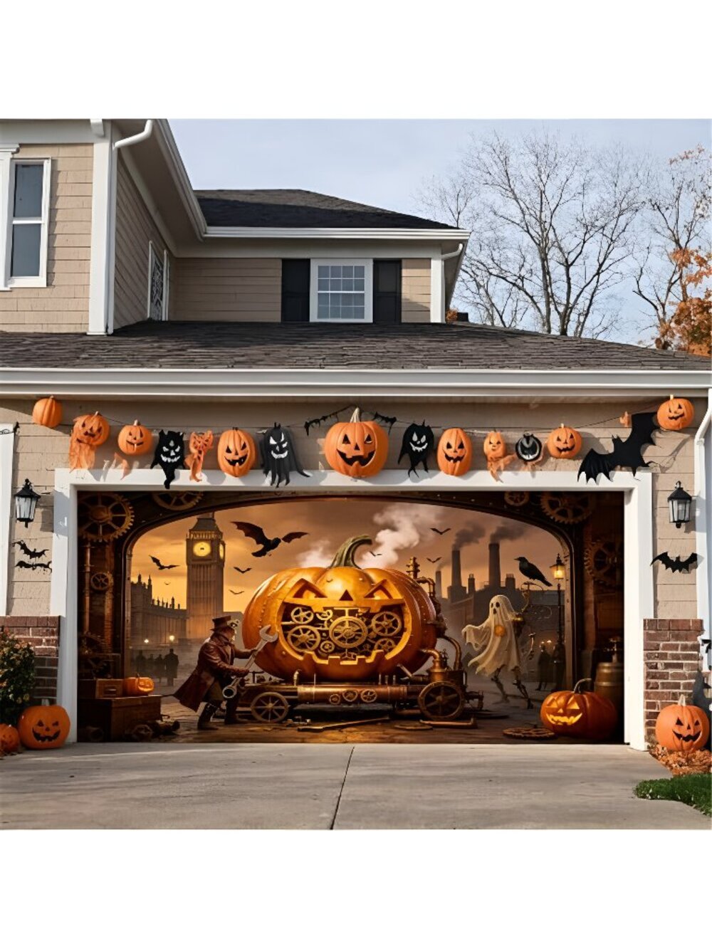 Halloween Garage Door Cover Decorations 13x6 Ft, Steampunk Mechanical Pumpkin